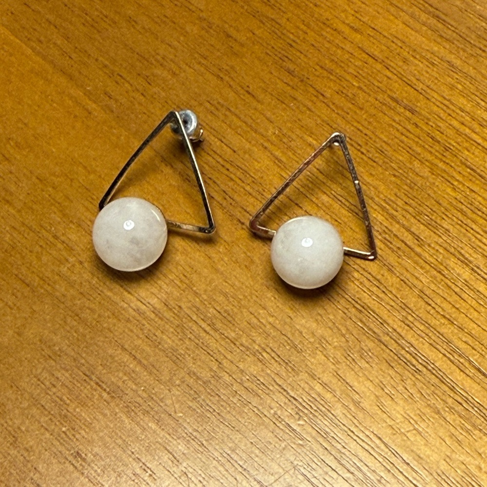 Gold Triangle Earrings with White Spheres